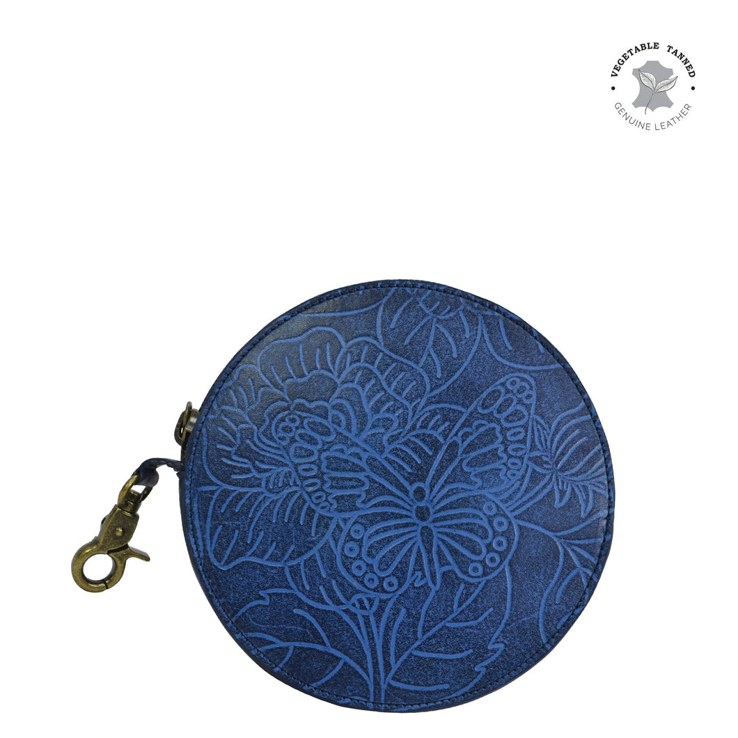 Anuschka style 1175, Round Coin Purse. Tooled Butterfly Jade in blue color. Featuring Rear ID window.