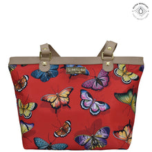 Load image into Gallery viewer, Butterfly Heaven Ruby Fabric with Leather Trim Zip Top City Tote - 12005
