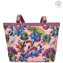 Load image into Gallery viewer, Dragonfly Garden Fabric with Leather Trim Zip Top City Tote - 12005

