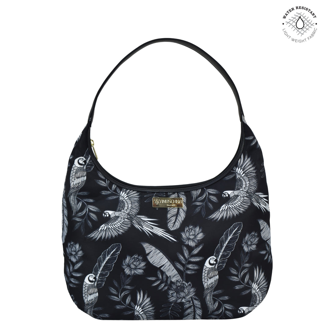 Jungle Macaws Fabric with Leather Trim Large Sling Hobo - 12010