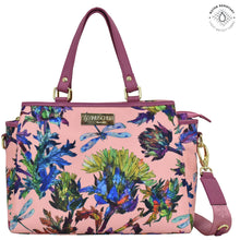 Load image into Gallery viewer, Dragonfly Garden Fabric with Leather Trim Multi Compartment Satchel - 12014
