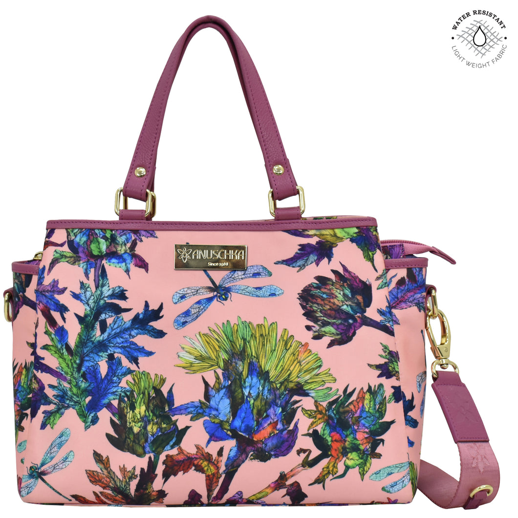 Dragonfly Garden Fabric with Leather Trim Multi Compartment Satchel - 12014