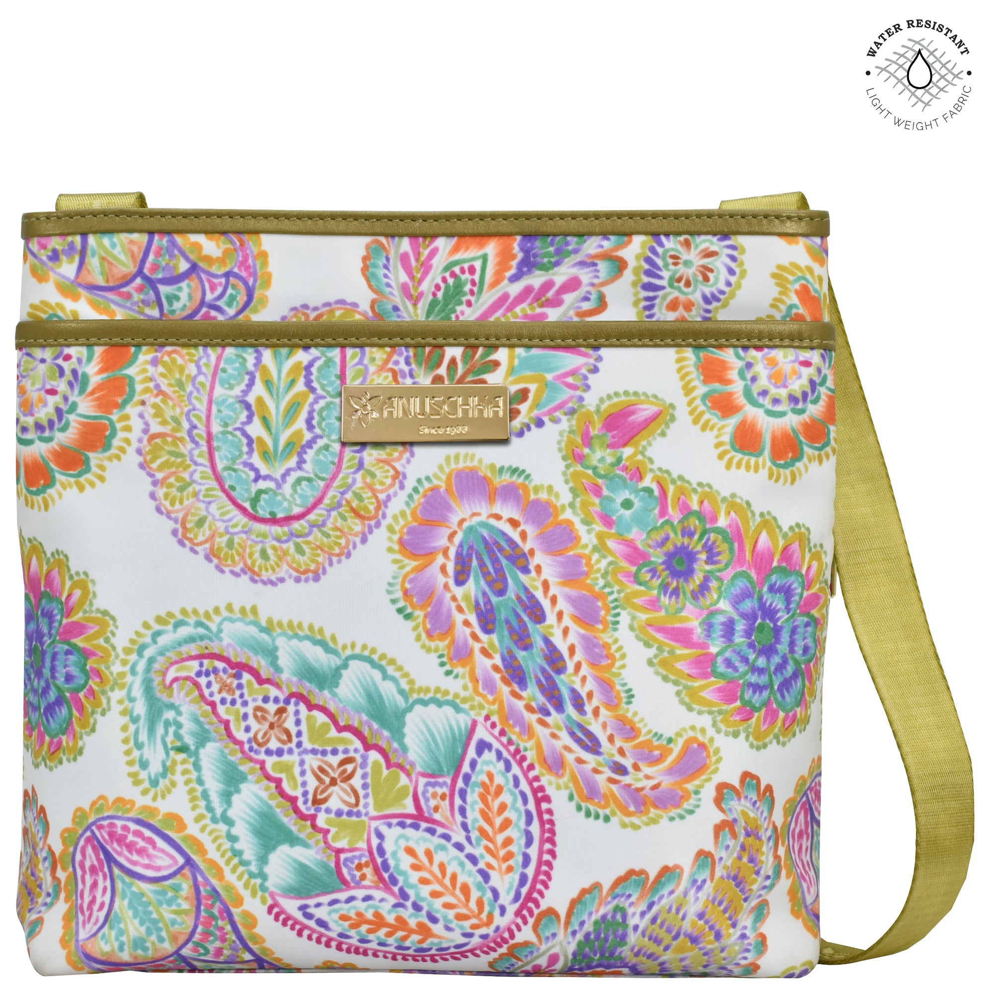 Boho Paisley Fabric with Leather Trim Crossbody with Slip Pocket - 12017
