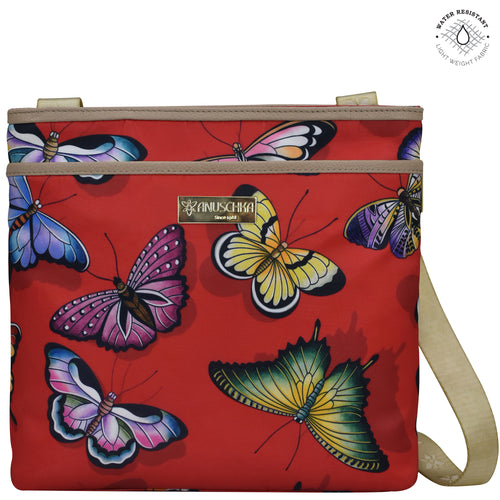 Butterfly Heaven Ruby Fabric with Leather Trim Crossbody with Slip Pocket - 12017