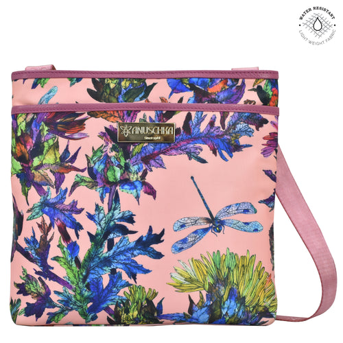 Dragonfly Garden Fabric with Leather Trim Crossbody with Slip Pocket - 12017