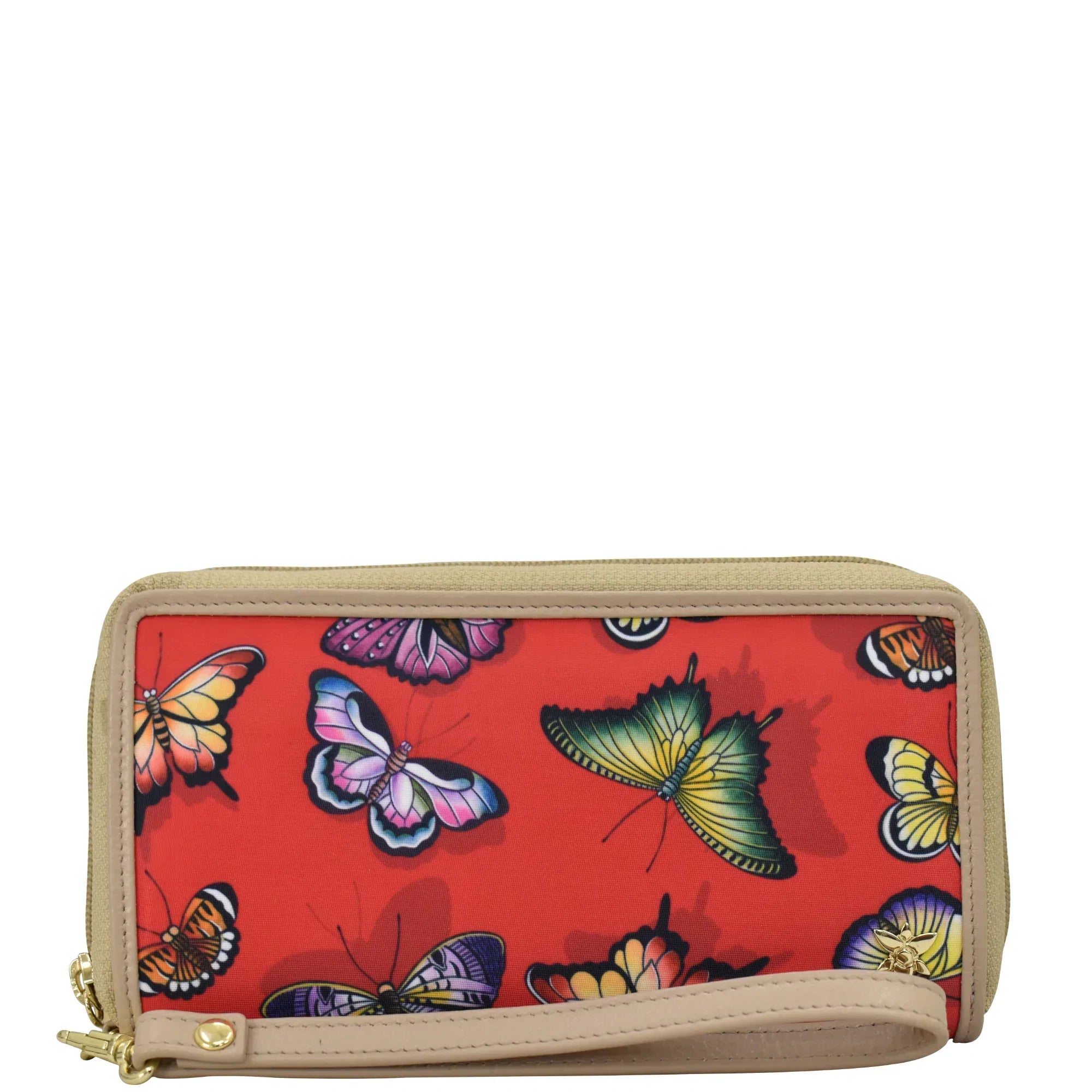 Butterfly Heaven Ruby Fabric with Leather Trim Wristlet Travel Wallet - 13000