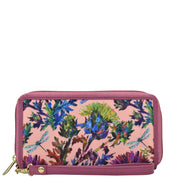 Dragonfly Garden Fabric with Leather Trim Wristlet Travel Wallet - 13000
