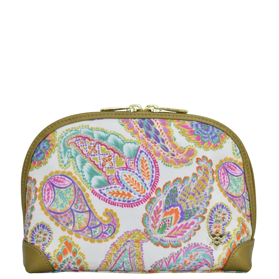 Boho Paisley Fabric with Leather Trim Dome Cosmetic Bag - 13002