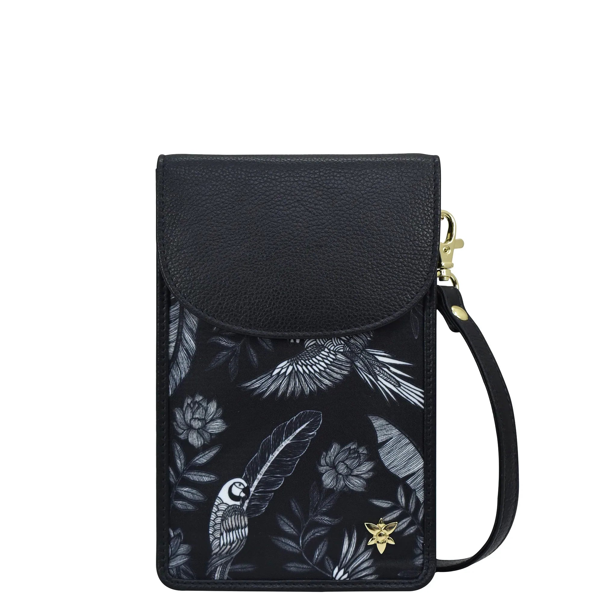 Jungle Macaws Fabric with Leather Trim Cell Phone Crossbody Wallet - 13005