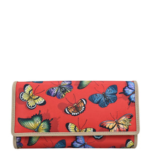 Butterfly Heaven Ruby Fabric with Leather Trim Three-Fold RFID Wallet - 13007