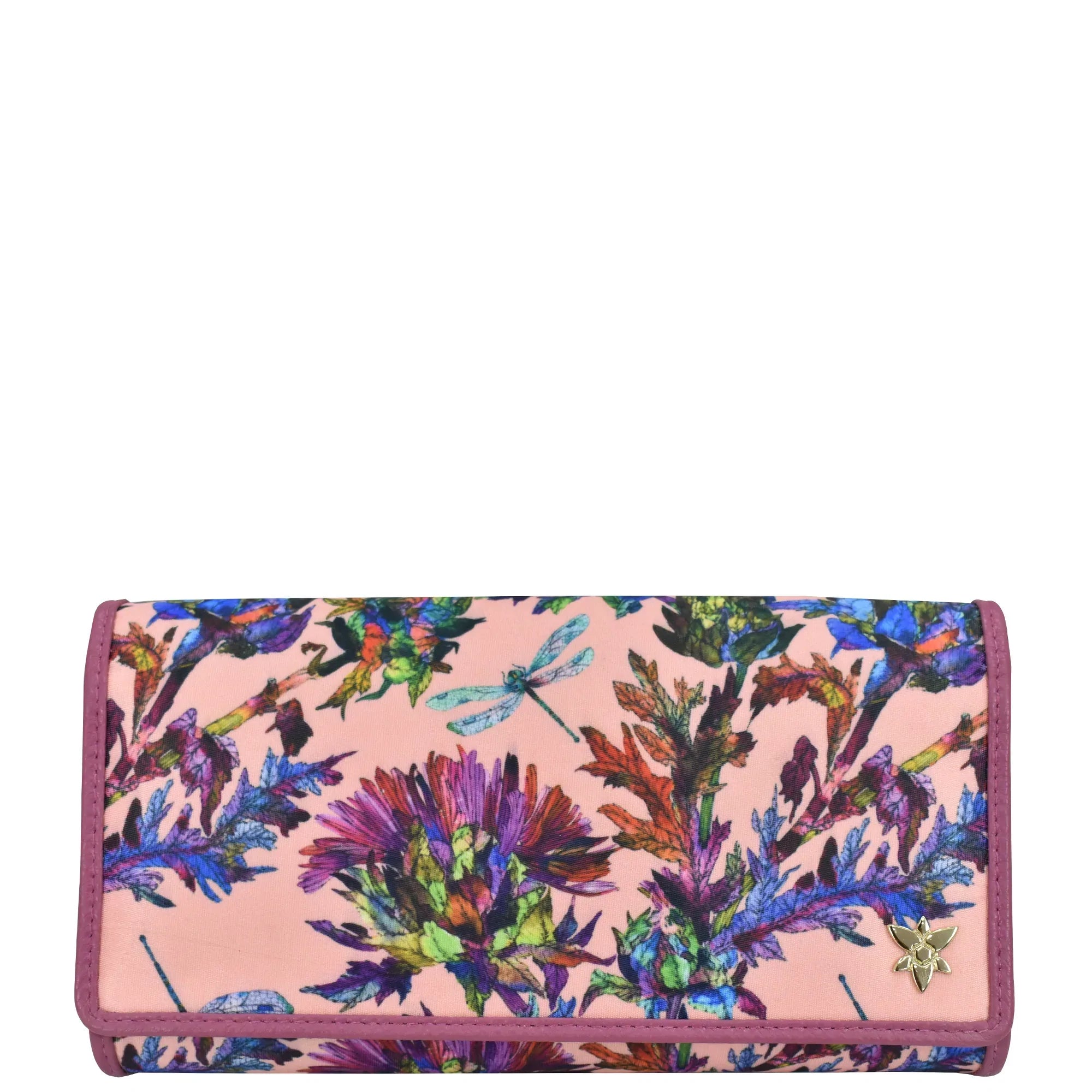 Dragonfly Garden Fabric with Leather Trim Three-Fold RFID Wallet - 13007