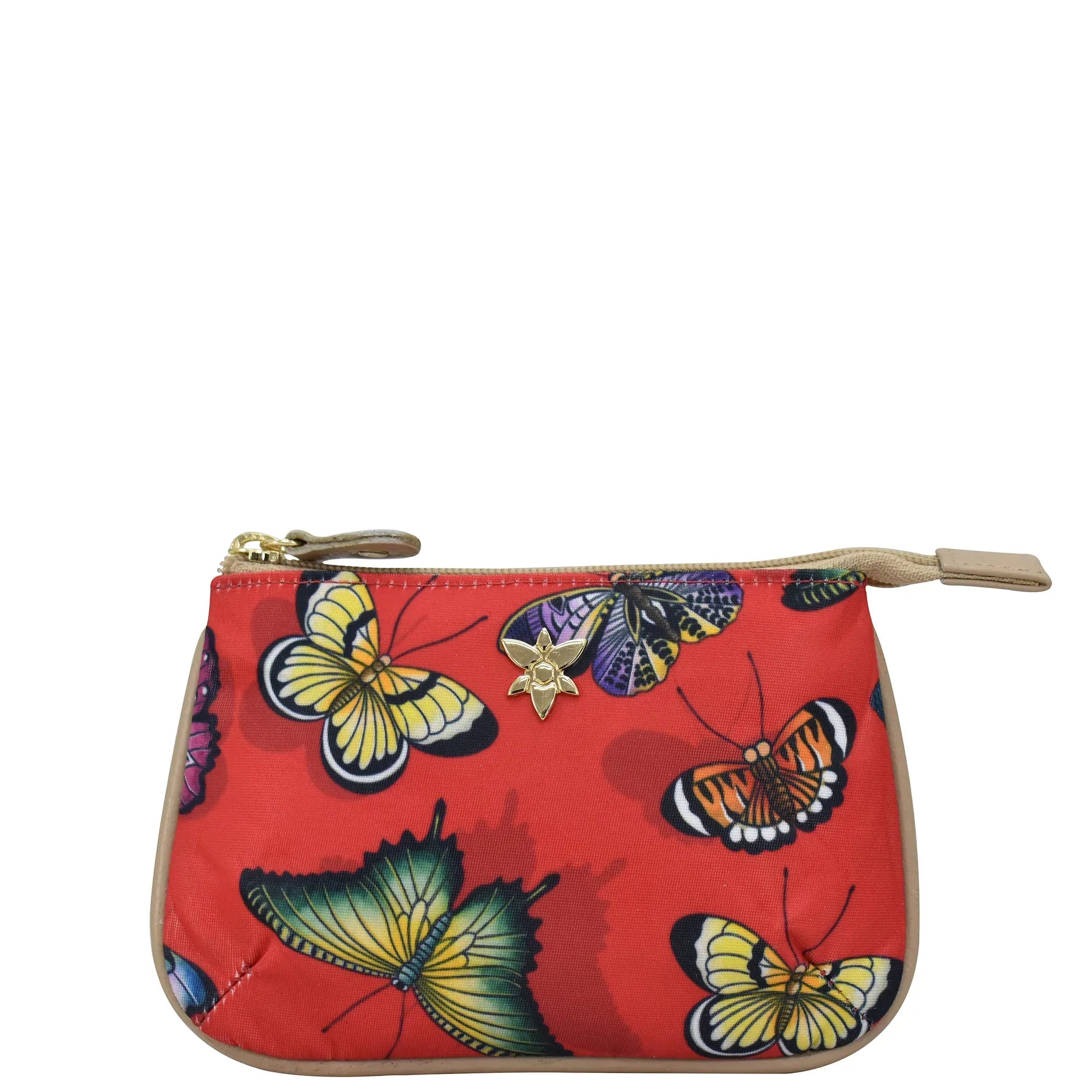 Butterfly Heaven Ruby Fabric with Leather Trim Zip Travel Pouch - 13008