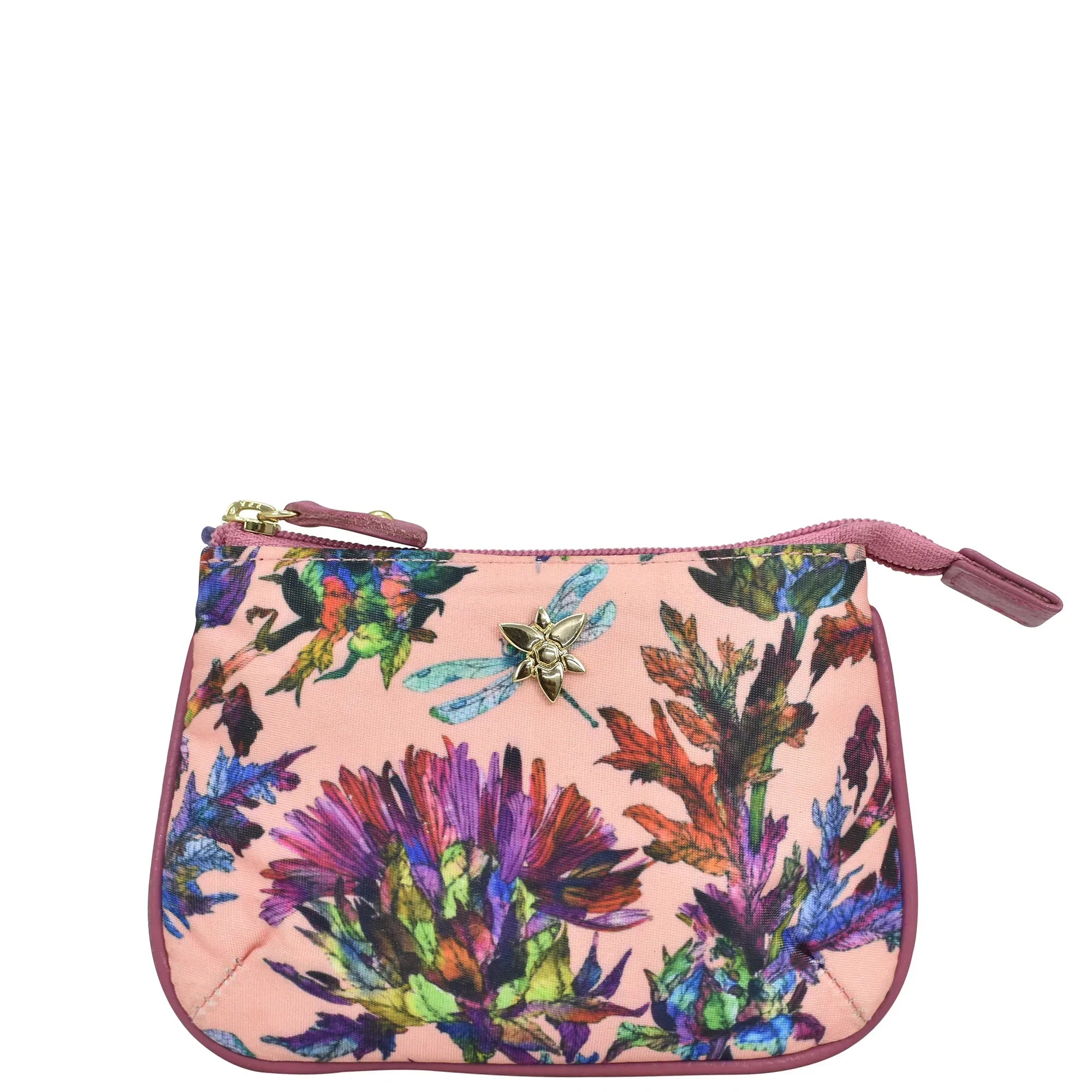 Dragonfly Garden Fabric with Leather Trim Zip Travel Pouch - 13008