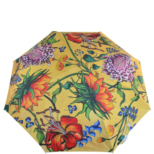 Anuschka style 3100, printed Auto Open and Close Umbrella. Caribbean Garden painting in tan color. UV protection (UPF 50+) during rain or shine.