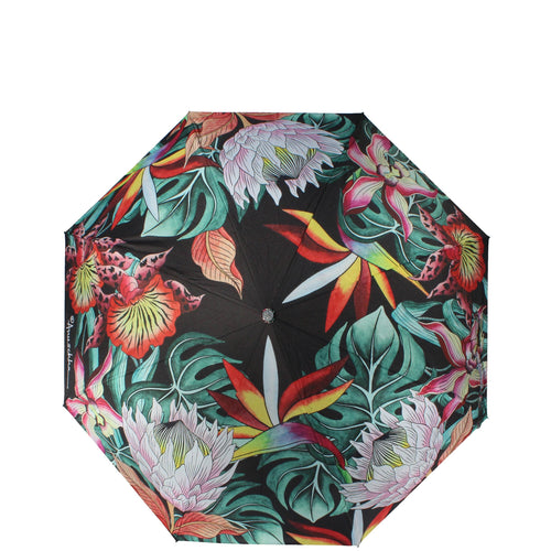 Anuschka style 3100, printed Auto Open and Close Umbrella. Island Escape flower painting in Black color. UV protection (UPF 50+) during rain or shine