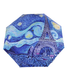 Load image into Gallery viewer, Anuschka style 3100, printed Auto Open and Close Umbrella. Love in Paris painting in blue color. UV protection (UPF 50+) during rain or shine

