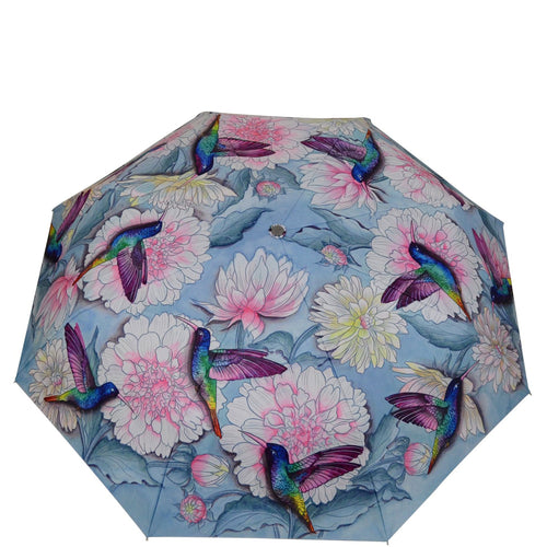 Anuschka style 3100, printed Auto Open and Close Umbrella. Rainbow Birds Print in Grey Color.UV protection (UPF 50+) during rain or shine.