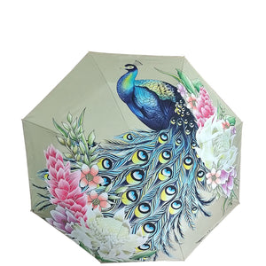 Anuschka style 3100, printed Auto Open and Close Umbrella. Regal Peacock painting in blue color. UV protection (UPF 50+) during rain or shine
