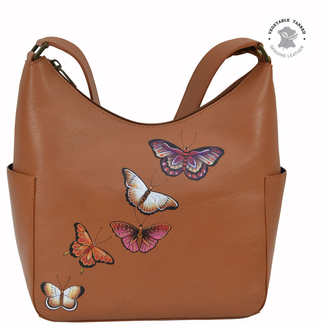 Anuschka style 382, handpainted Classic Hobo With Side Pockets. Butterflies Honey painting in tan color.Fits Tablet and E-Reader.