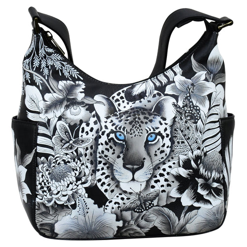 Anuschka style 382, handpainted Classic Hobo With Side Pockets. Cleopatra's Leopard painting in black, grey and silver color. Fits Tablet and E-Reader.