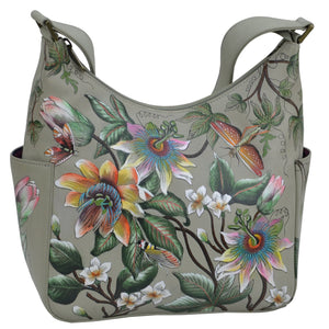 Anuschka style 382, handpainted Classic Hobo With Side Pockets. Floral Passion painting in Green color. Fits Tablet and E-Reader.