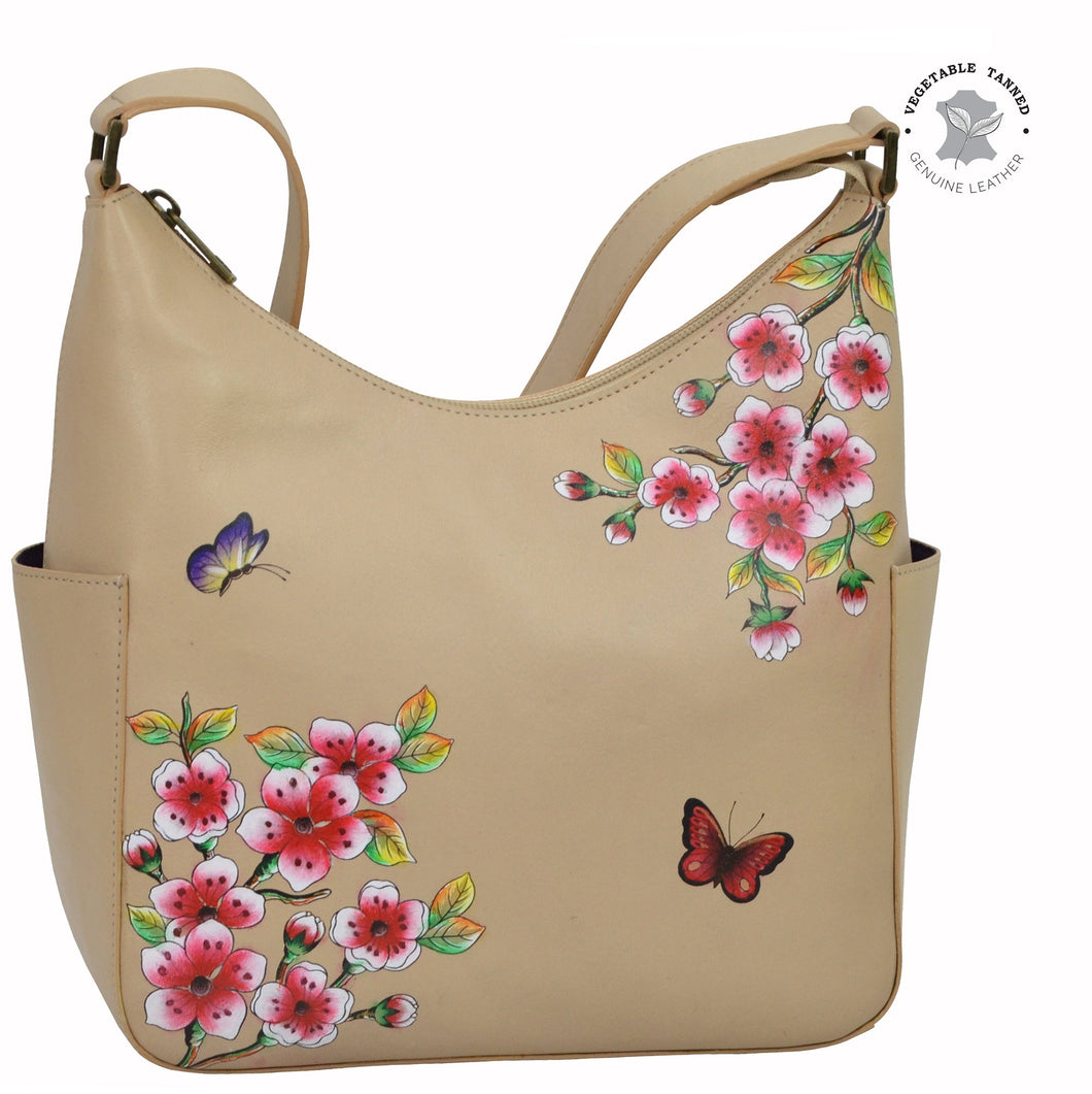 Anuschka style 382, handpainted Classic Hobo With Side Pockets. Flower Garden Almond painting in Tan color. Fits Tablet and E-Reader.
