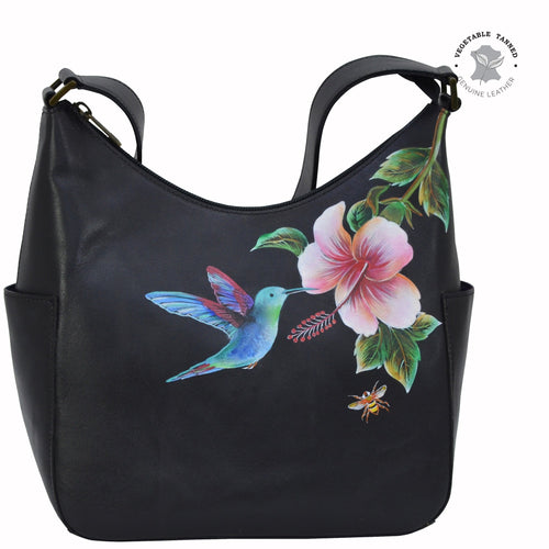 Anuschka style 382, handpainted Classic Hobo With Side Pockets. Hummingbird painting in Black color. Fits Tablet and E-Reader.