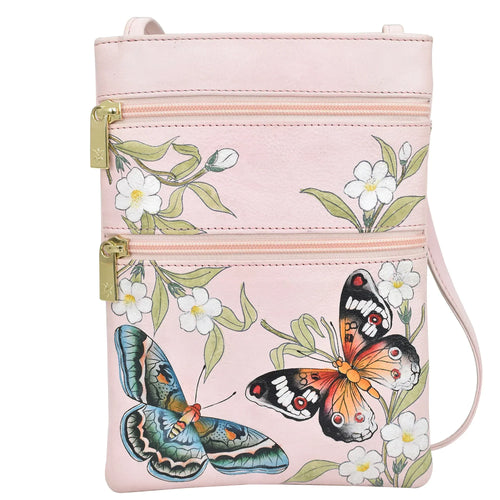 Anuschka Mini Double Zip Travel Crossbody with Butterfly Melody painting