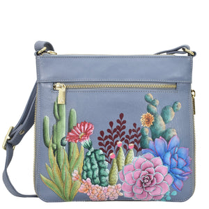  Anuschka style 550, handpainted Expandable Travel Crossbody. Desert Garden painting in grey color. Fits Tablet and E-Reader.