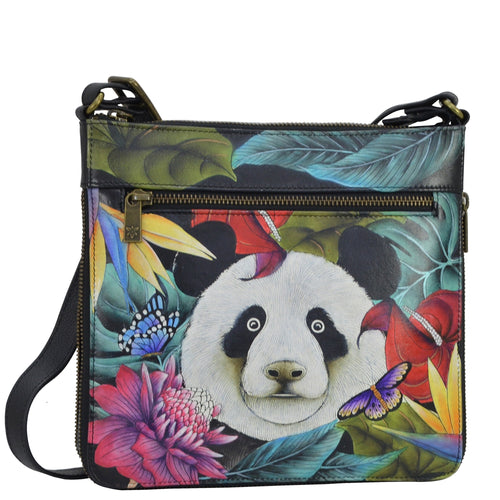 Anuschka style 550, handpainted Expandable Travel Crossbody. Happy Panda painting in Green color. Removable Strap. Fits Tablet and E-Reader.
