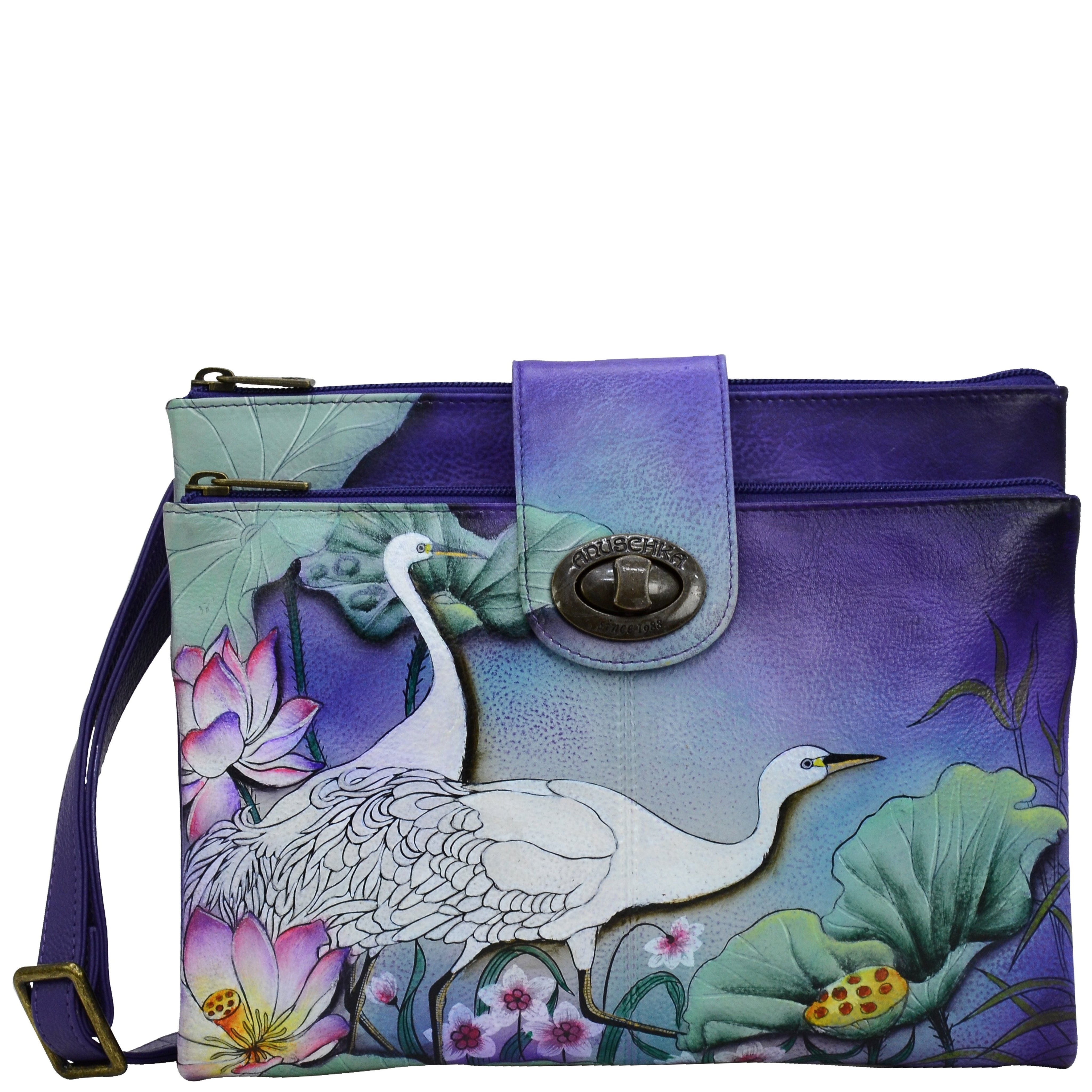 Anuschka Style 595, handpainted RFID Blocking Triple Compartment Crossbody Organizer. Peaceful Garden painting