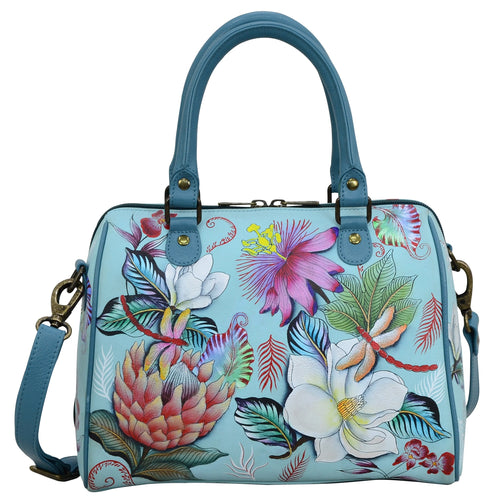 Anuschka style 625, handpainted Zip Around Classic Satchel. Jardin Bleu Painted in Blue Color. Featuring one full length zippered wall pocket, two multipurpose pockets.