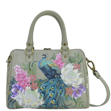 Load image into Gallery viewer, Anuschka style 625, handpainted Zip Around Classic Satchel. Regal Peacock Painted in Grey Color. Featuring one full length zippered wall pocket, two multipurpose pockets.
