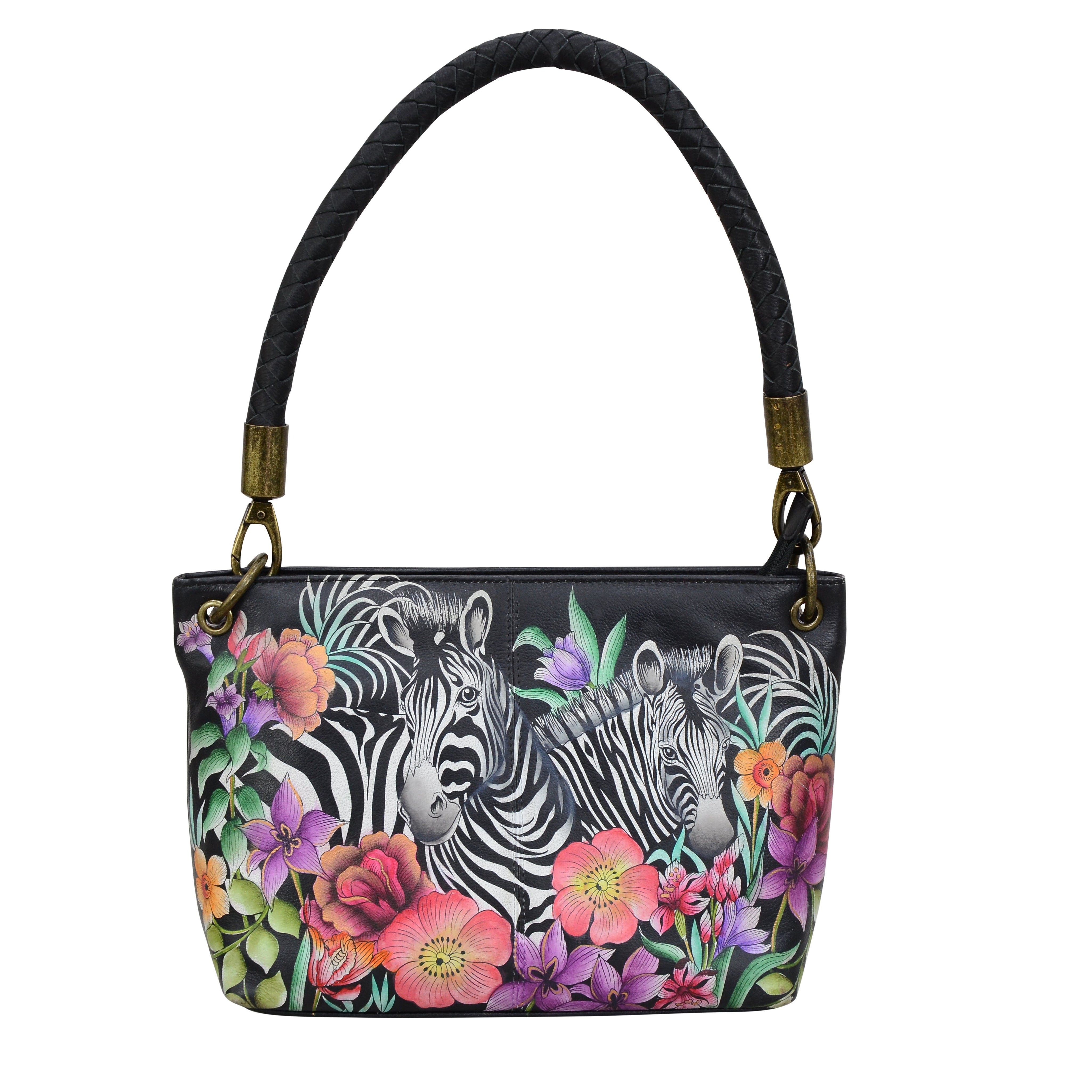 Anuschka Style 634, handpainted Medium Shopper With Braided Handle. Playful Zebras painting