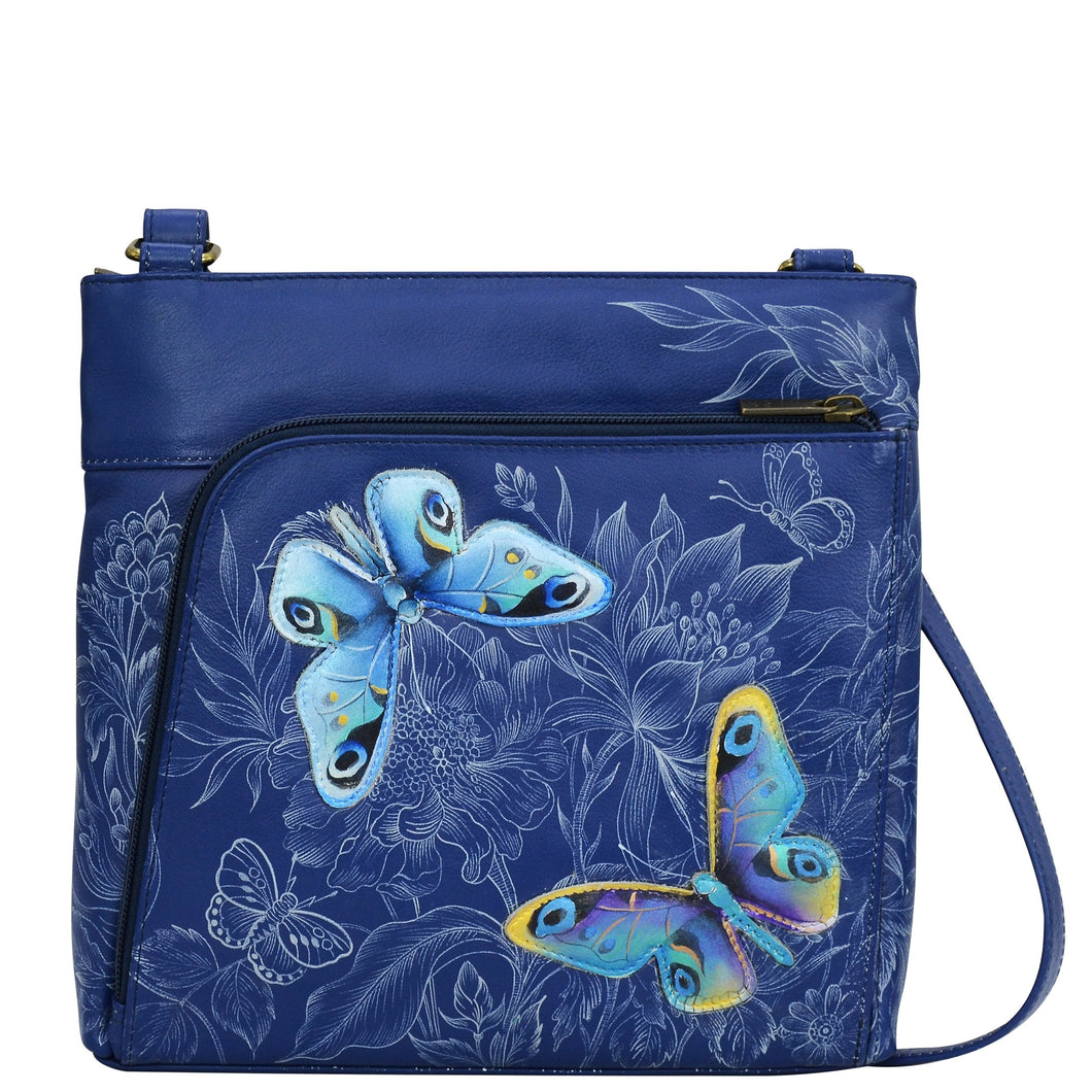 Anuschka style 651, handpainted Crossbody With Front Zip Organizer. Garden of Delight Painting in Blue Color.Fits Tablet and E-Reader. Featuring RFID blocking.