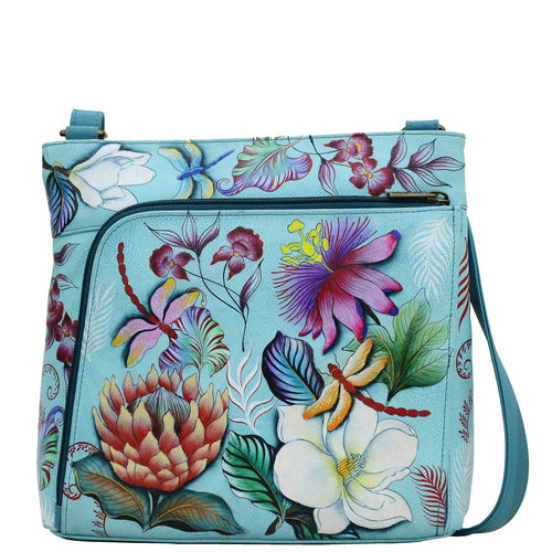 Anuschka style 651, handpainted Crossbody With Front Zip Organizer. Jardin Bleu Painted in Blue Color. Featuring front zippered RFID protected organizer chamber with gusset contains four card holder, two pen holders, one ID window and one slip in pocket.