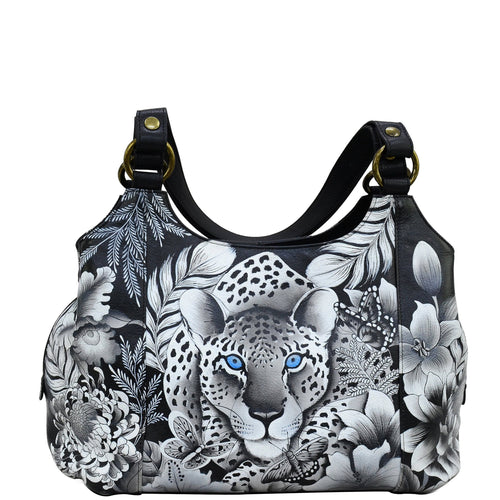Anuschka style 652, handpainted Triple Compartment Large Satchel. Cleopatra's Leopard painting in black, grey and silver color.  Fits Tablet and E-Reader. Removable fabric optical case, cosmetic pouch and metal logo keycharm. 