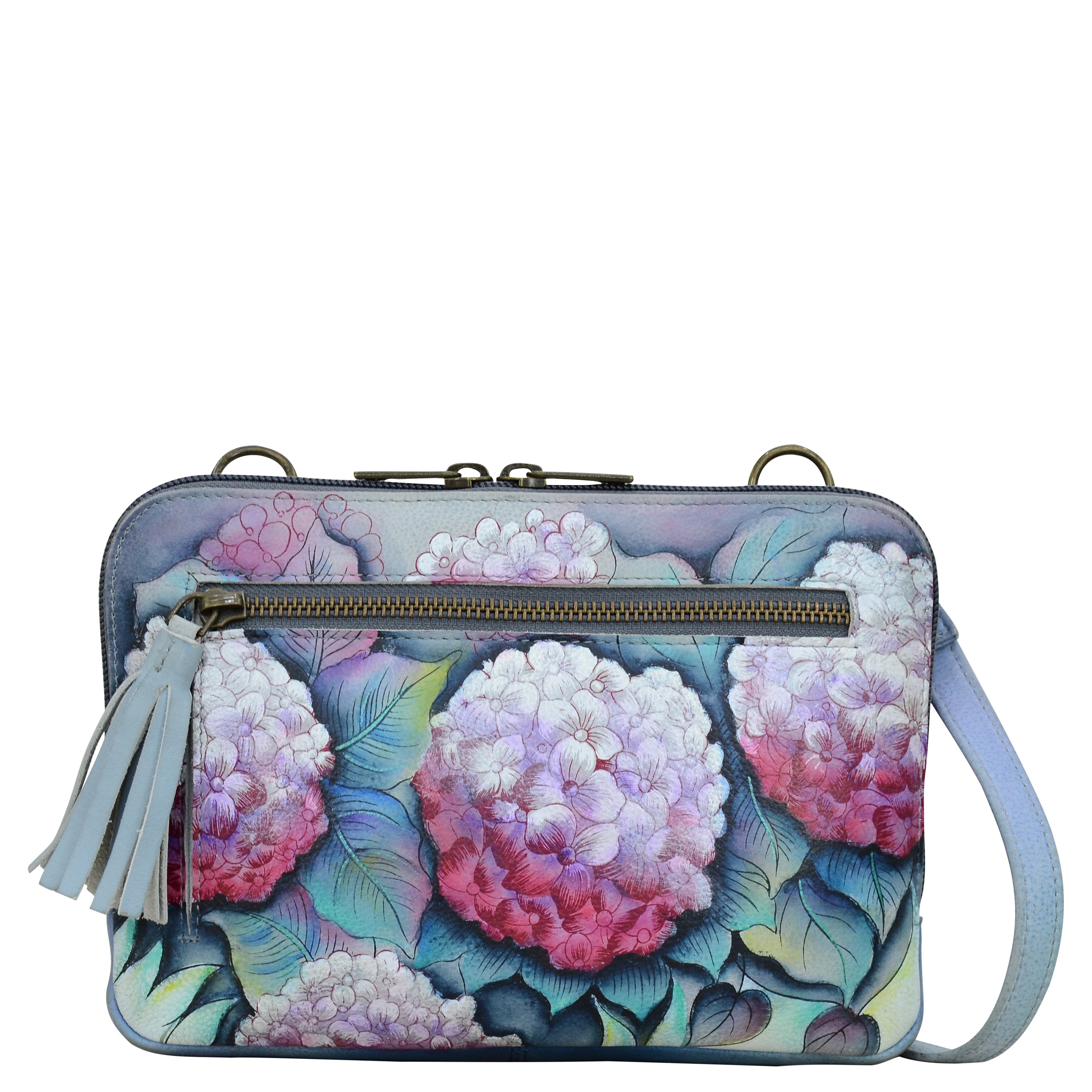 Anuschka Style 663, handpainted Crossbody/Belt Bag. Hypnotic Hydrangeas painting