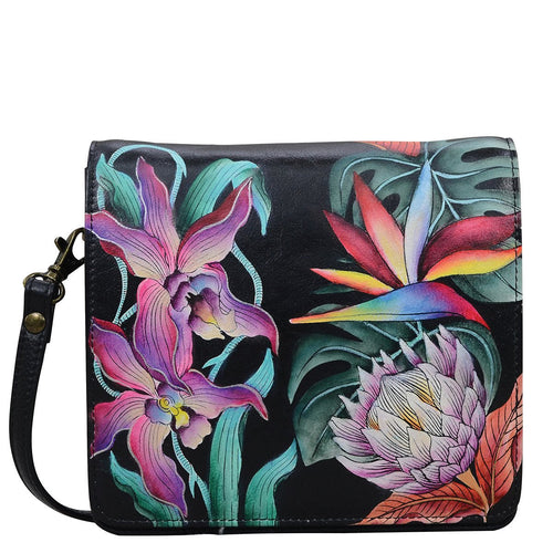 Anuschka style 669, handpainted Small Messenger. Island Escape Black Painted in Black Color. Featuring four RFID protected credit card holders and one ID window under flap.