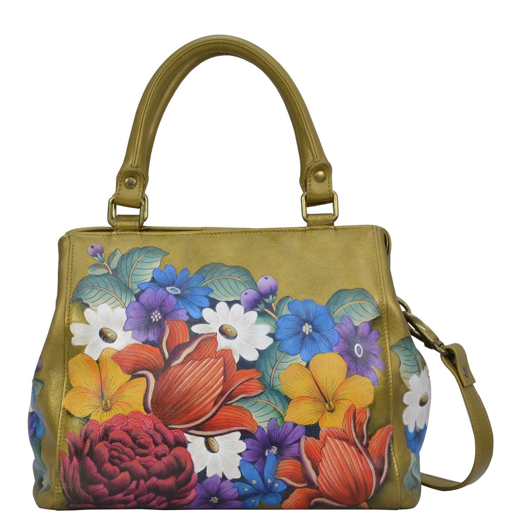 Anuschka style 690, handpainted Multi Compartment Satchel, Dreamy Floral painting in Golden color. Rear full length zippered wall pocket, slip in cell pocket.