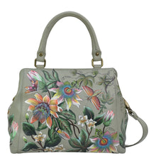 Load image into Gallery viewer, Anuschka style 690, handpainted Multi Compartment Satchel, Floral Passion painting in Multi color. Rear full length zippered wall pocket, slip in cell pocket.

