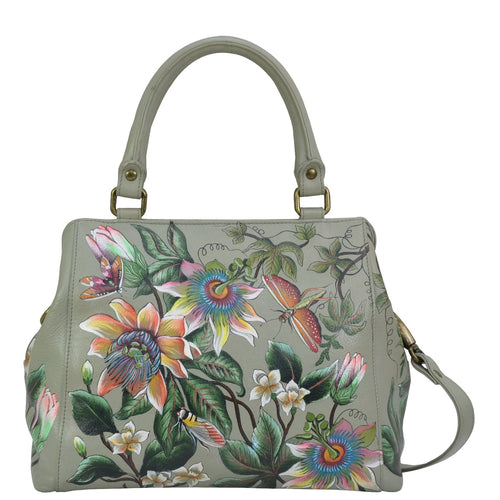 Anuschka style 690, handpainted Multi Compartment Satchel, Floral Passion painting in Multi color. Rear full length zippered wall pocket, slip in cell pocket.