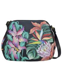 Load image into Gallery viewer, Anuschka style 691, handpainted Multi Compartment Medium Bag. Island Escape Black painting in Black color. Featuring one open zippered wall pocket, two multipurpose pockets with gusset and rear zippered wall pocket with adjustable crossbody strap.
