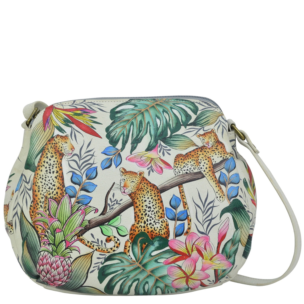 Anuschka style 691, Multi Compartment Medium Bag, Jungle Queen painting in Ivory color. Two multipurpose pockets with gusset & Adjustable crossbody strap.