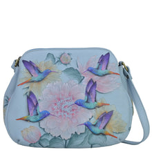 Load image into Gallery viewer, Anuschka style 691, Multi Compartment Medium Bag. Rainbow Birds Painted in Grey Color.Featuring two multipurpose pockets with gusset.
