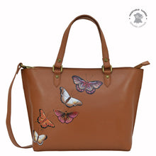 Load image into Gallery viewer, Anuschka style 693, handpainted Medium Tote. Butterflies Honey painting in tan color.Top zip entry, Removable handle with full adjustability.
