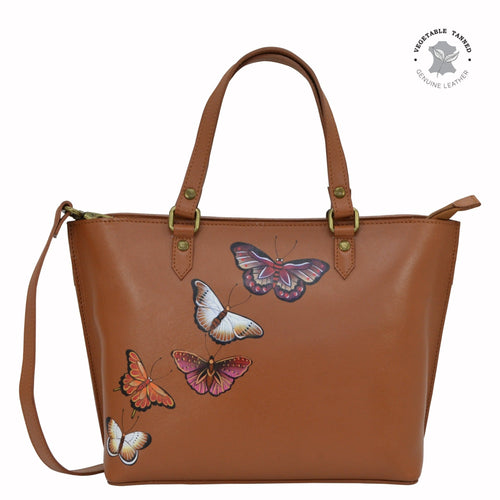 Anuschka style 693, handpainted Medium Tote. Butterflies Honey painting in tan color.Top zip entry, Removable handle with full adjustability.