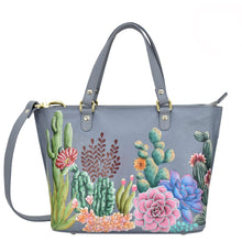 Load image into Gallery viewer, Anuschka style 693, Medium Tote. Desert Garden painting in grey color. Top zip entry, Removable handle with full adjustability.
