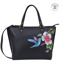 Load image into Gallery viewer, Anuschka style 693, Medium Tote.Hummingbird painting in Black color. Top zip entry, Removable handle with full adjustability
