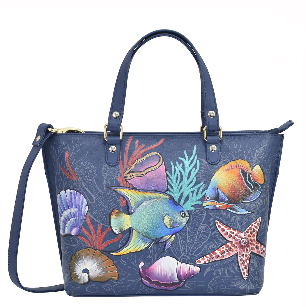 Anuschka style 693, Medium Tote. Mystical Reef painting in Blue color. Top zip entry, Removable handle with full adjustability.